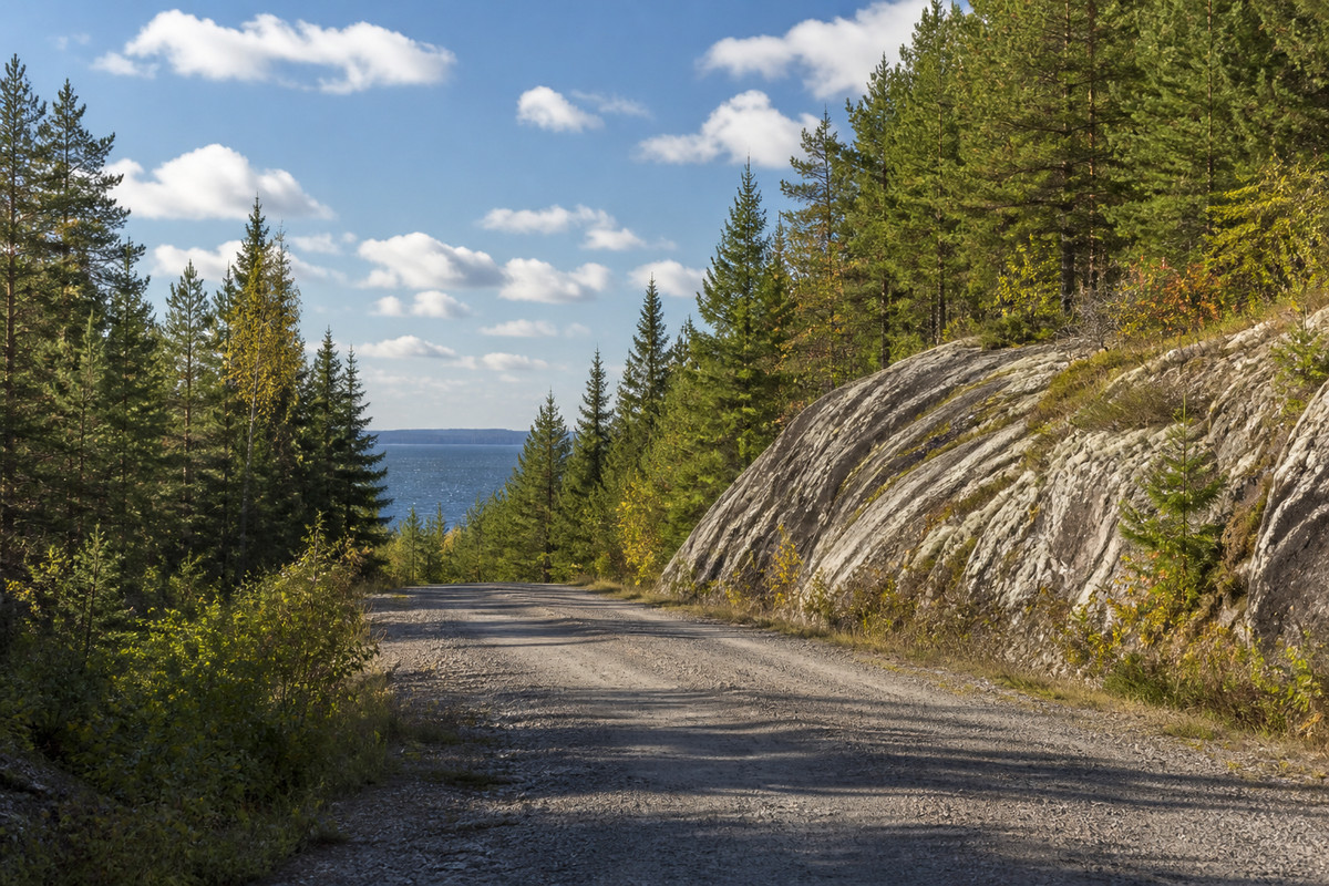 Upper Peninsula forest road cut through pine and rock outcrop with Lake Superior visible beyond