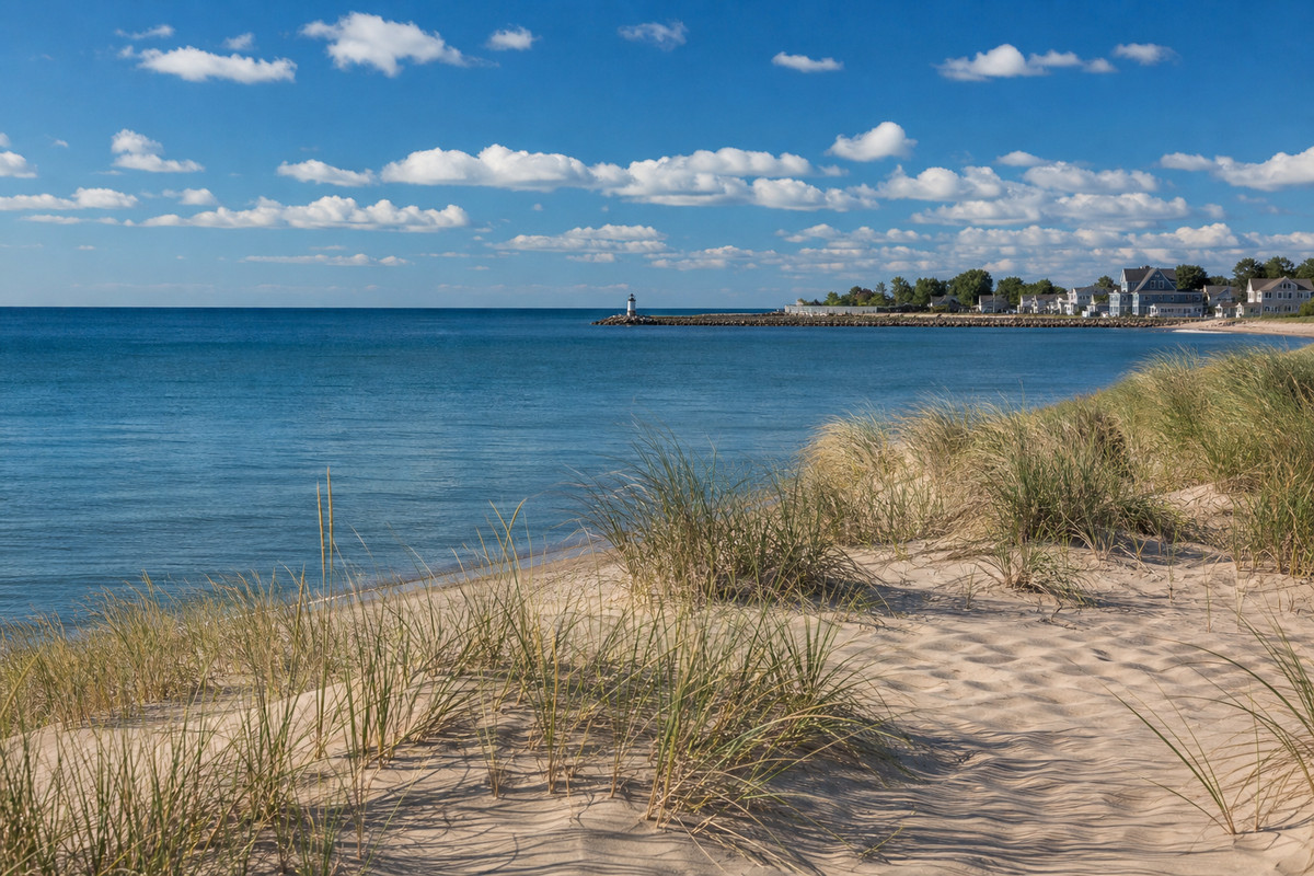 Lake Michigan shoreline dune grass and sand with a small harbor town and a pier in the distance